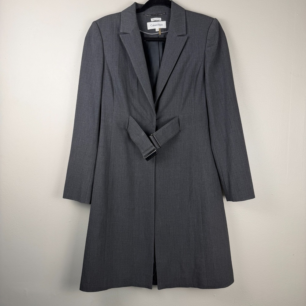 Calvin Klein Blazer Jacket Womens 4 Dark Gray Belted Stretch Classic Notch Lapel